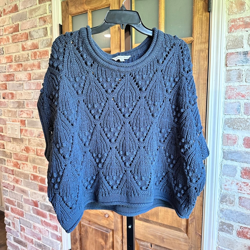 Ophelia‎ Roe Sweater Women 3X Navy Crop Pointelle Diamond Bobble Knit S/S